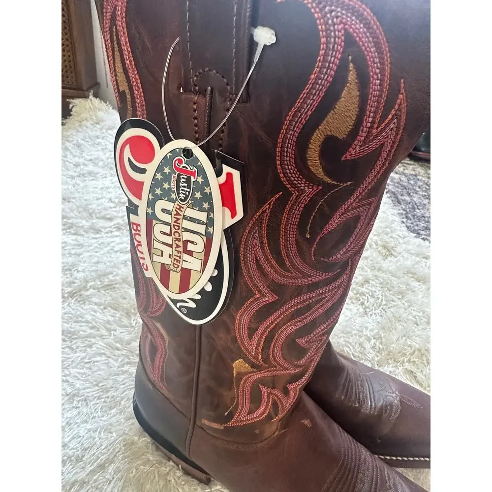 NWT Justin L2687 Ladies Punchy Western Boots Antique Brown Pink Square Toe 9.5 B - Picture 7 of 9